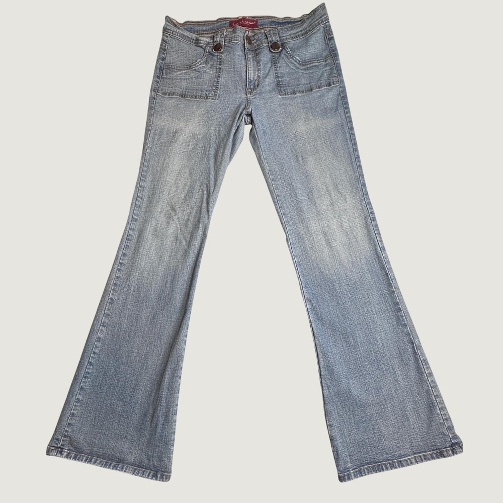Vintage Just USA Jeans Womens 15 Flare Leg Blue Stretch Patch Pocket Made in USA